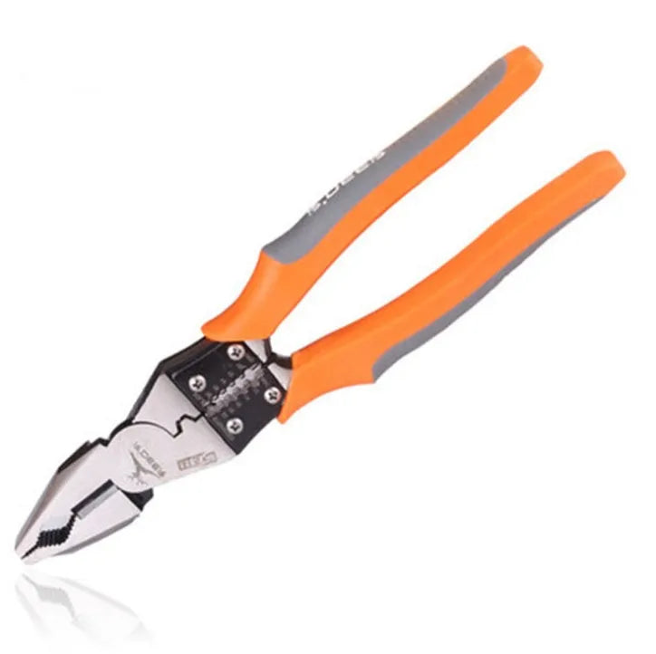 Orange-handled multi-function wire cutter pliers with forged steel jaws for cutting and stripping wire