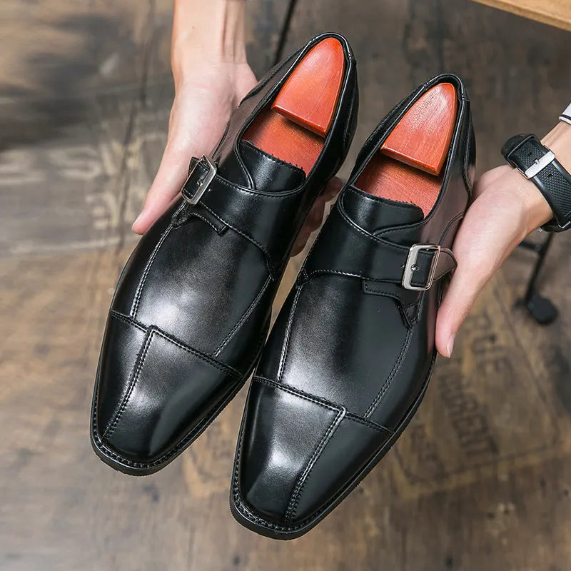 Men's British retro buckle casual shoes in black and brown blue with tall crown design