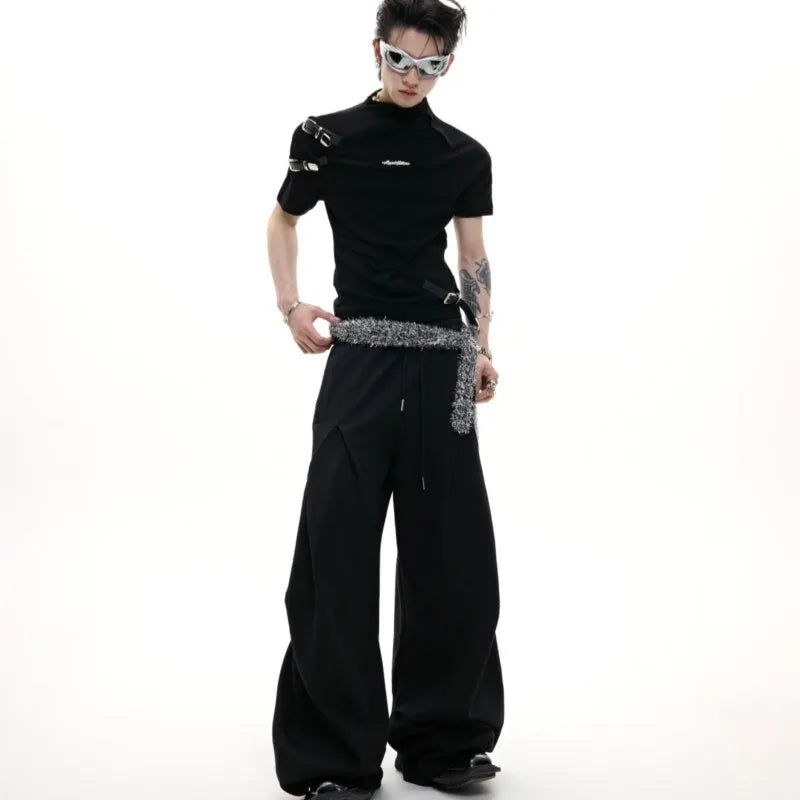 Men's black slim fit cotton T-shirt with metal belt detail on stand-up collar and short sleeves