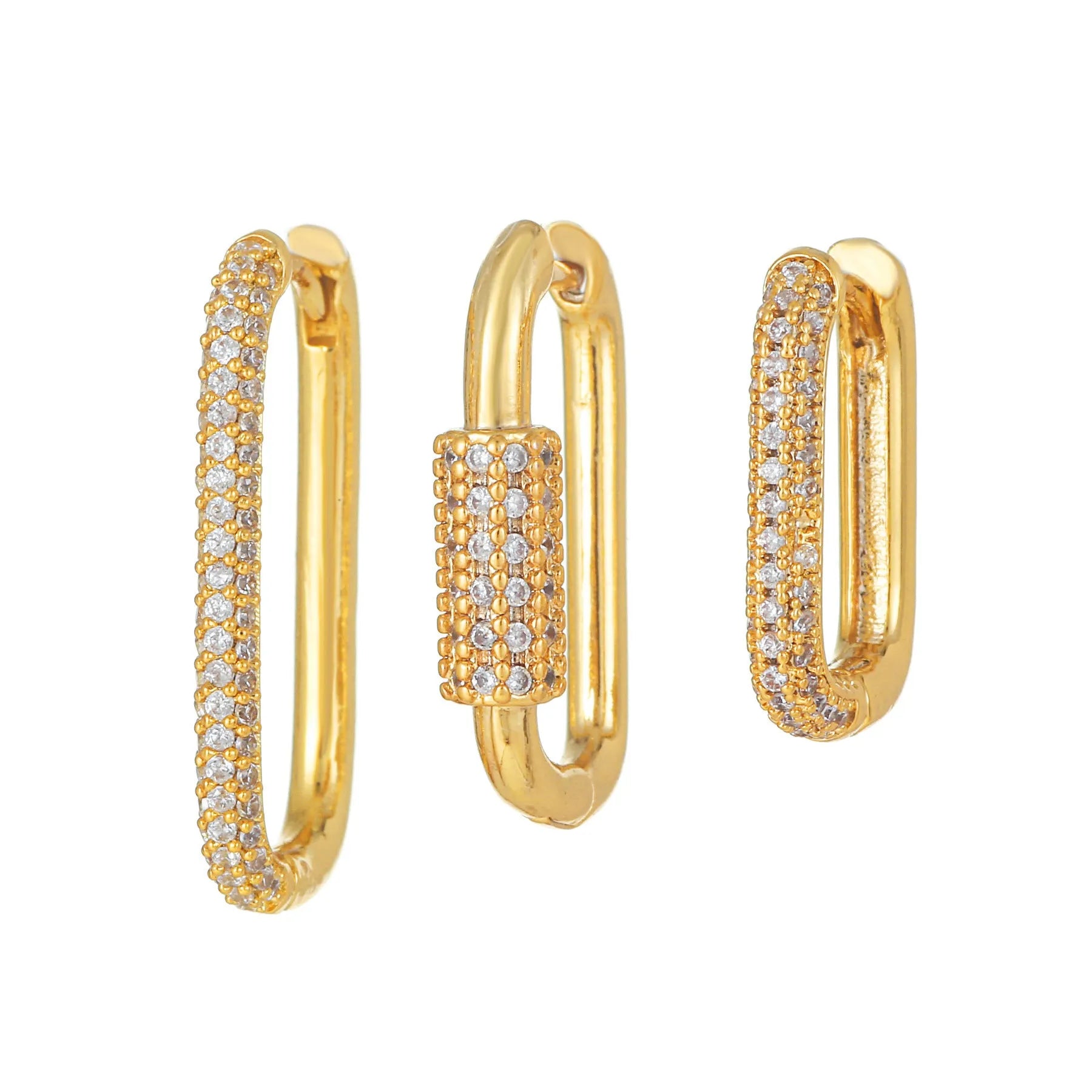 Three geometric ear clips with micro inlaid zircon in gold and white metal colours