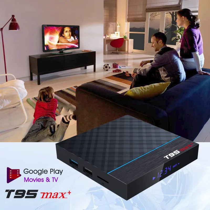 Black T95 Max Plus Android TV Box with remote, showing choice of US, EU, and UK power plugs.