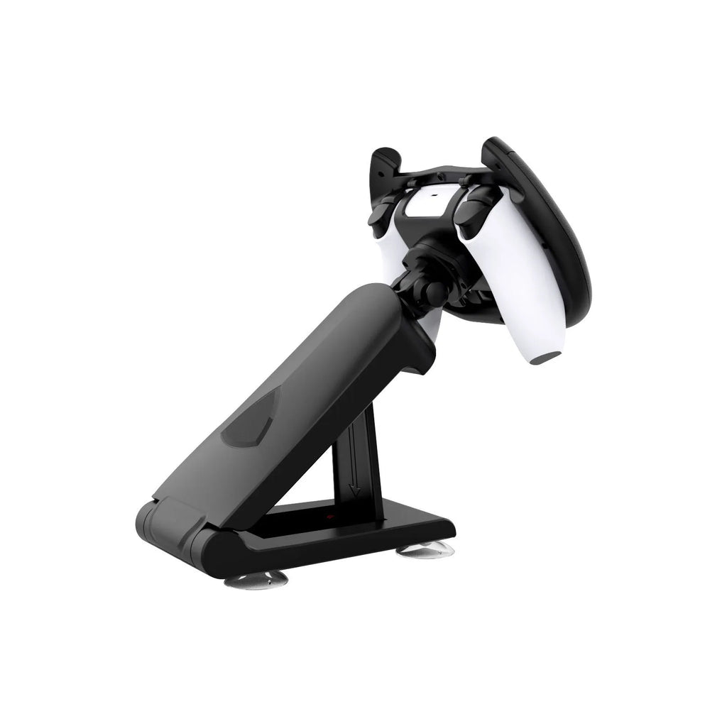 Black gamepad steering wheel bracket with suction cup base holding mobile phone