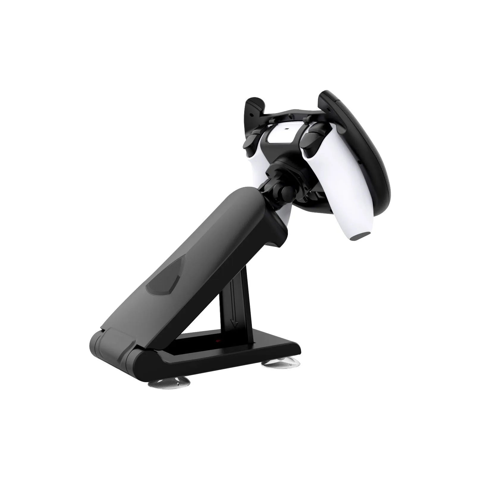 Black gamepad steering wheel bracket with suction cup base holding mobile phone