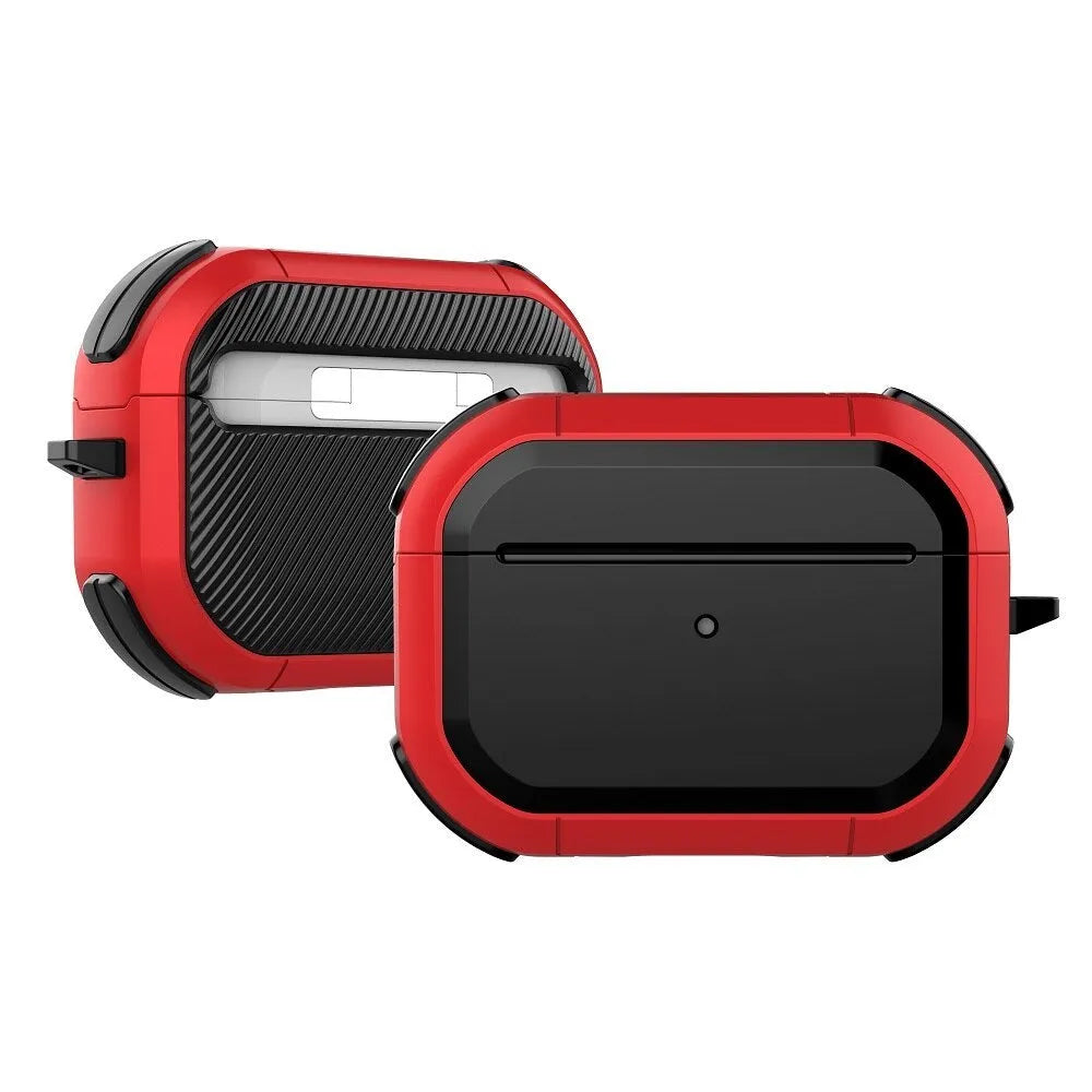 Black TPU and PC protective shell case fitted on a white Apple AirPods Pro charging case.