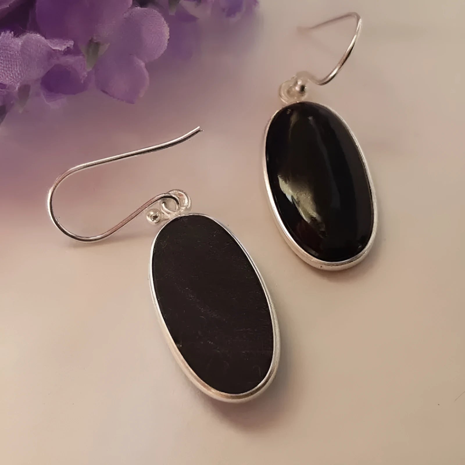 Women's geometric earrings with oval black agate pendants and Chinese style design on silver electroplated alloy