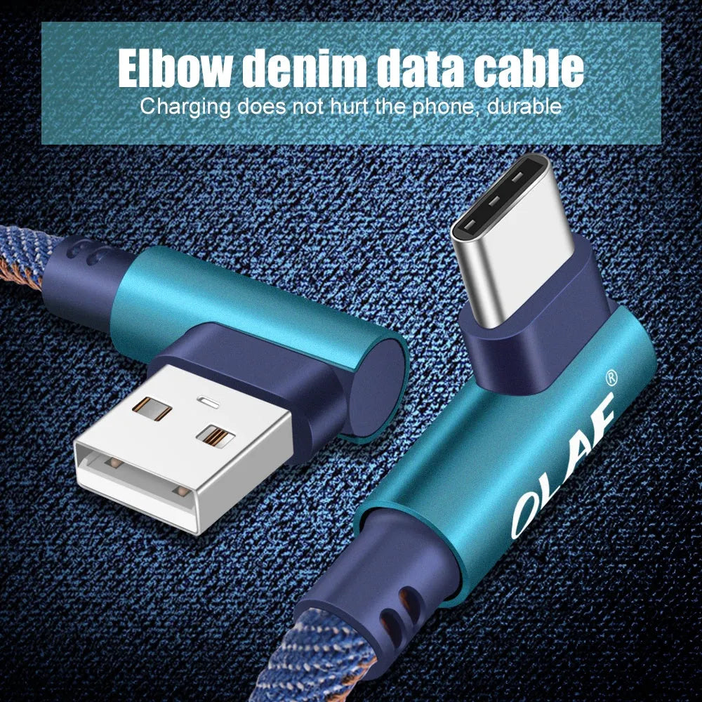 Denim-braided fast charging USB cable with aluminium connectors for Android or Type C devices.