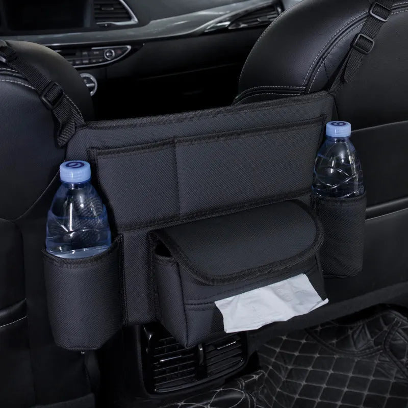 Black leather car seat storage organiser with tissue box between car front seats