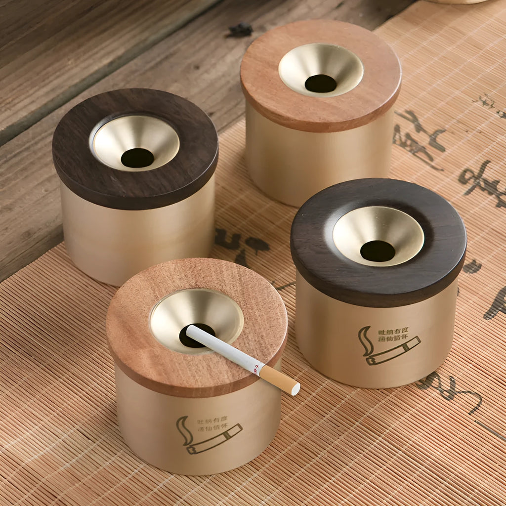 Solid copper retro ashtray with a wooden lid in black or rosewood, showing central air hole.
