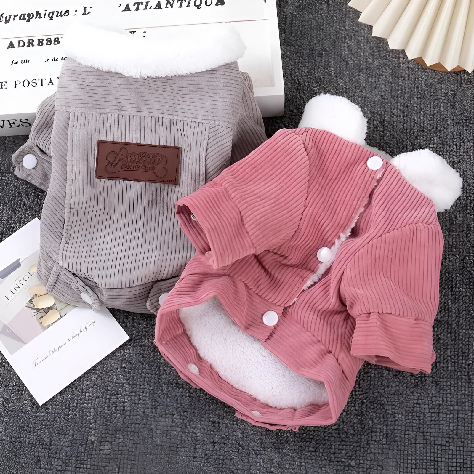 Lambswool dog vest with wool lining in grey or pink, available in six sizes for autumn and winter wear