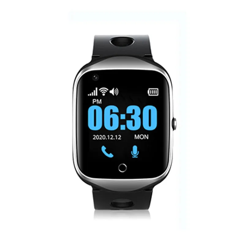 Square-faced elderly smart watch with silicone strap showing phone and GPS functions on 1.3-inch screen