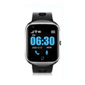 Square-faced elderly smart watch with silicone strap showing phone and GPS functions on 1.3-inch screen