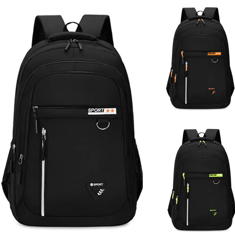 Men's Oxford cloth schoolbag with letter pattern in four colour options showing large capacity design