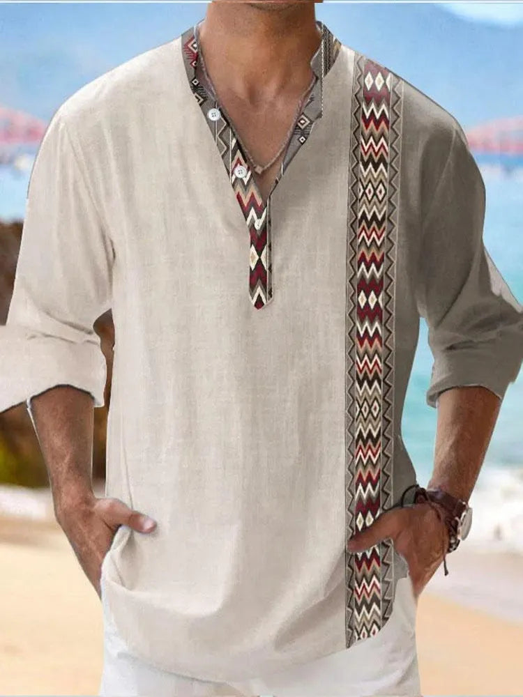 Man wearing casual long sleeve Hawaiian shirt with digital stripe pattern in bamboo linen blend
