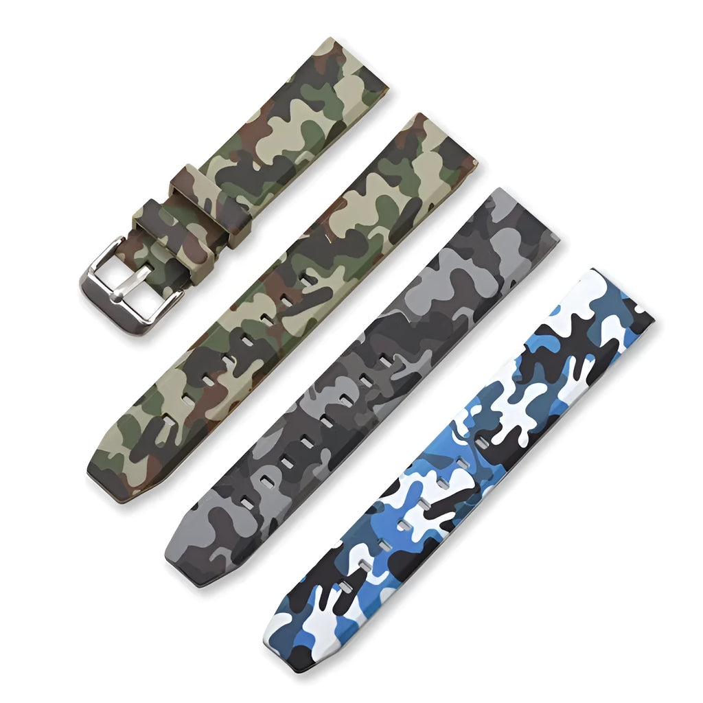 Camouflage pattern silicone watch strap showing flat head universal design with width measurement options