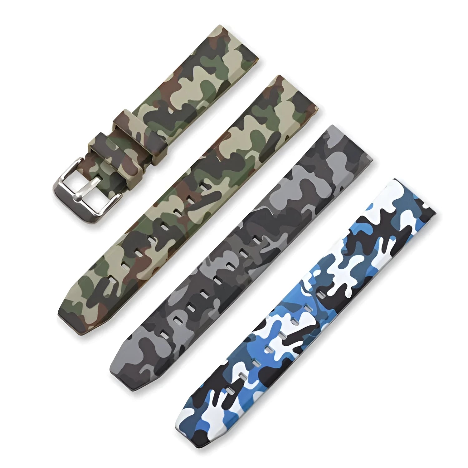 Camouflage pattern silicone watch strap showing flat head universal design with width measurement options