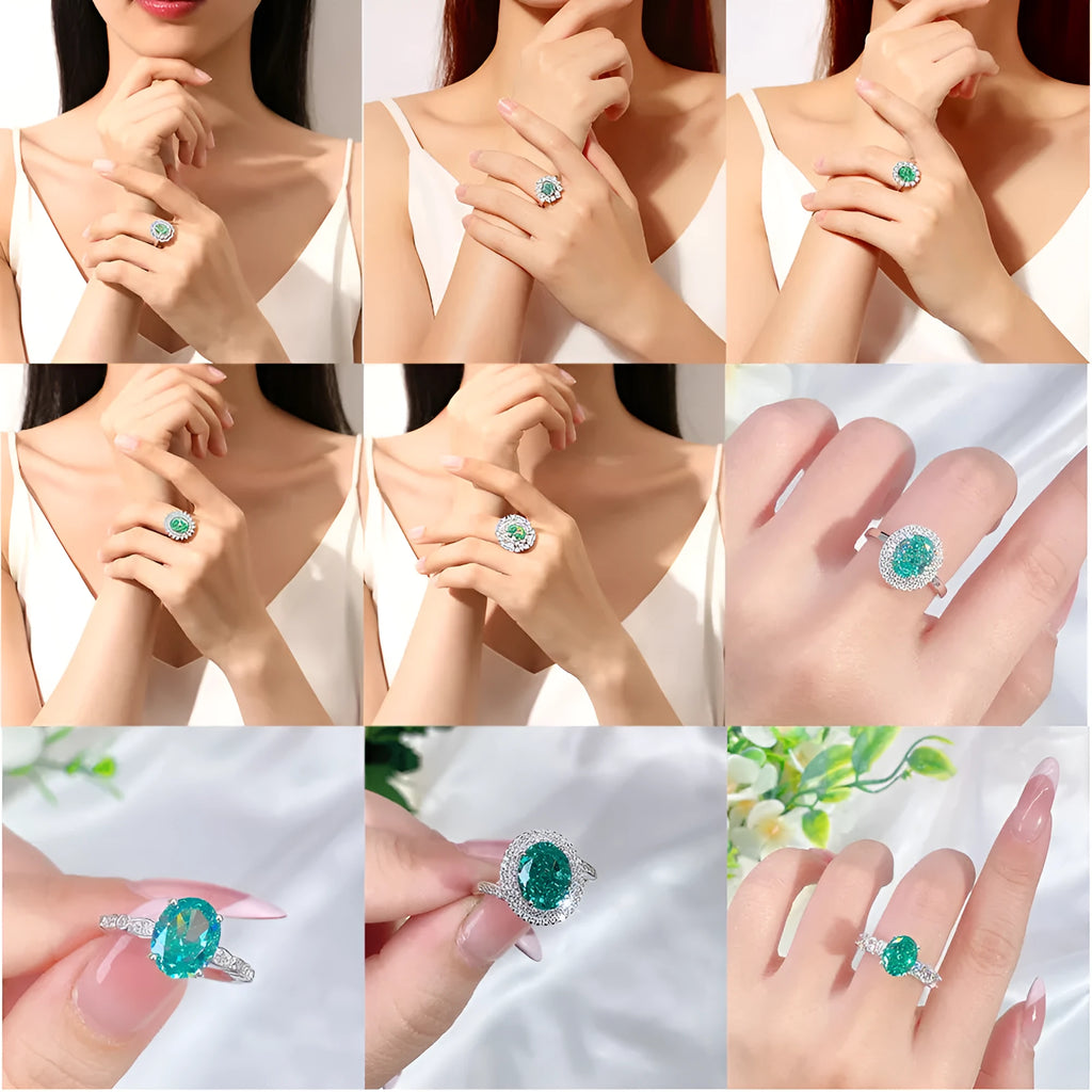 Geometric S925 sterling silver women's ring with an oval Palaibahao emerald and diamond accents.