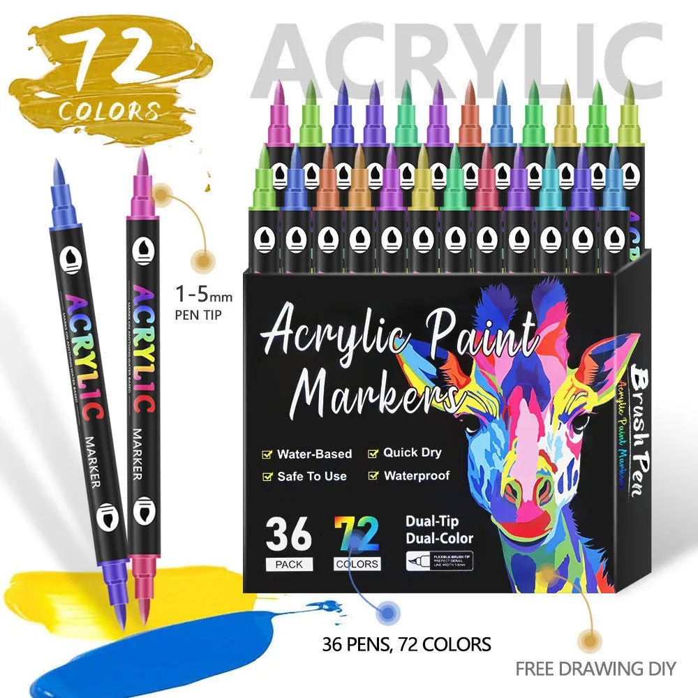 Set of double-headed acrylic marker pens with fine and brush tips showing opaque washable ink