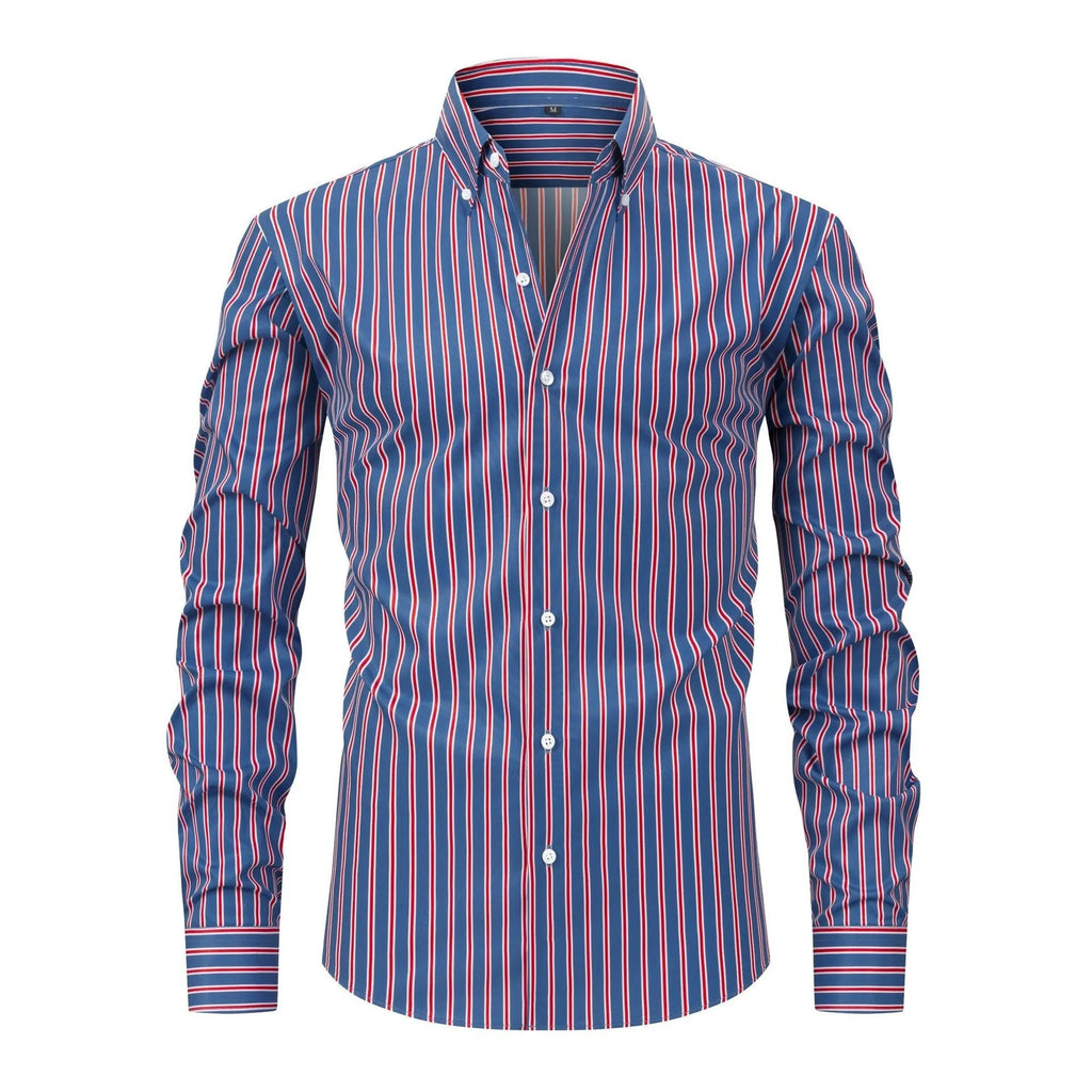 Men's slim fit striped long sleeve formal shirt in ice silk polyester blend for office wear.