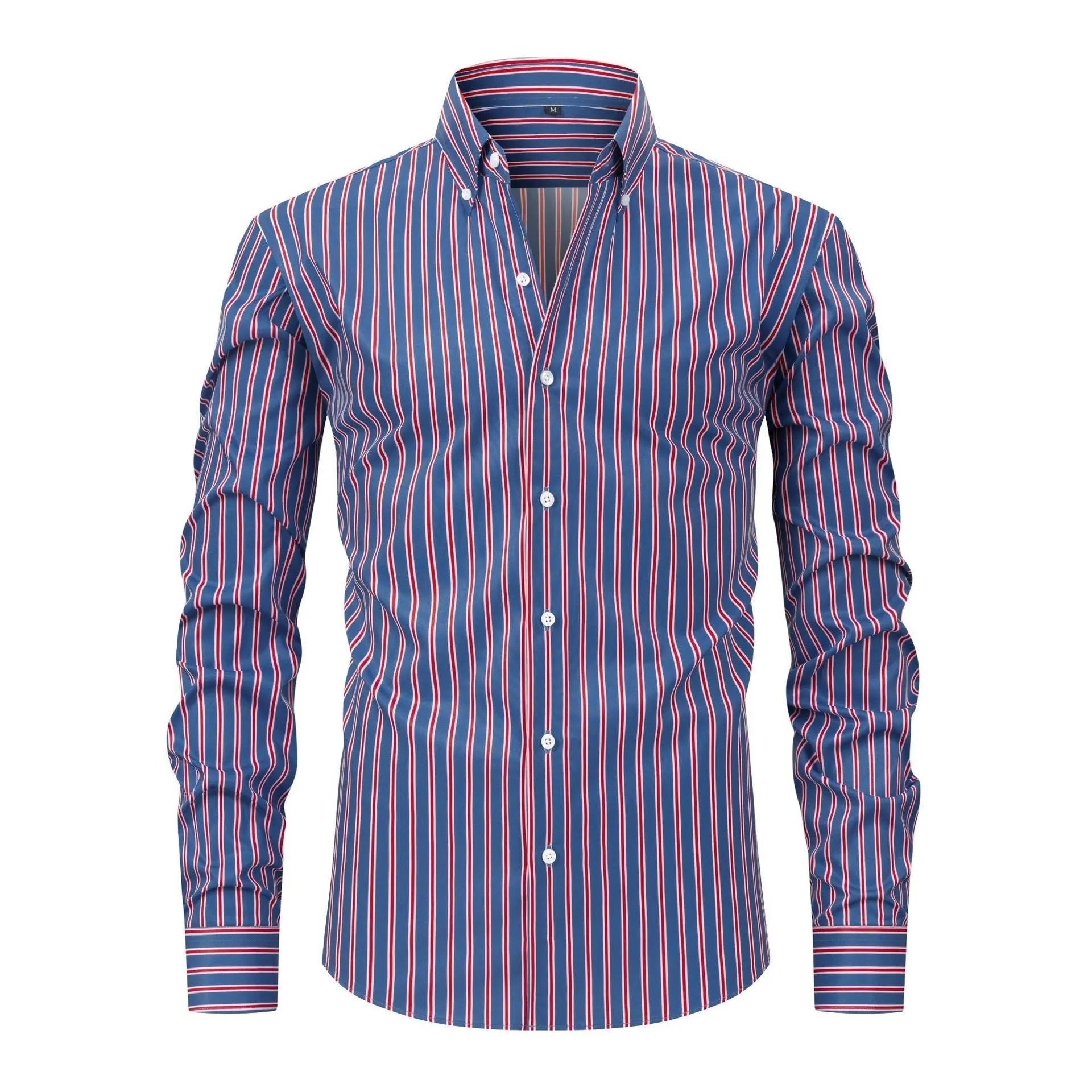 Men's slim fit striped long sleeve formal shirt in ice silk polyester blend for office wear.