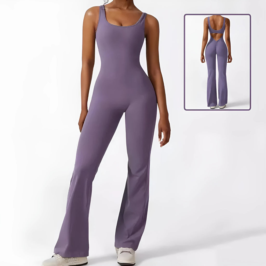 Women's sleeveless flare jumpsuit for fitness yoga in high elasticity polyester fabric