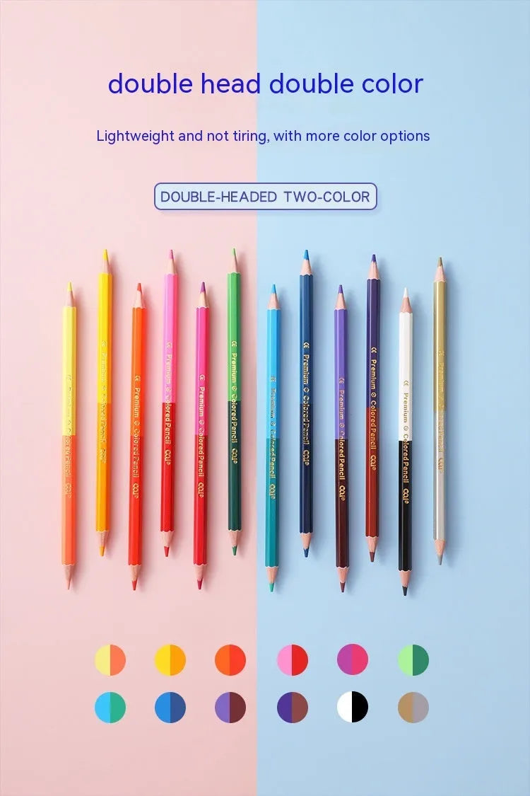 Wooden double-head colour pencil set for drawing, showing 12-piece and 6-piece configuration options.