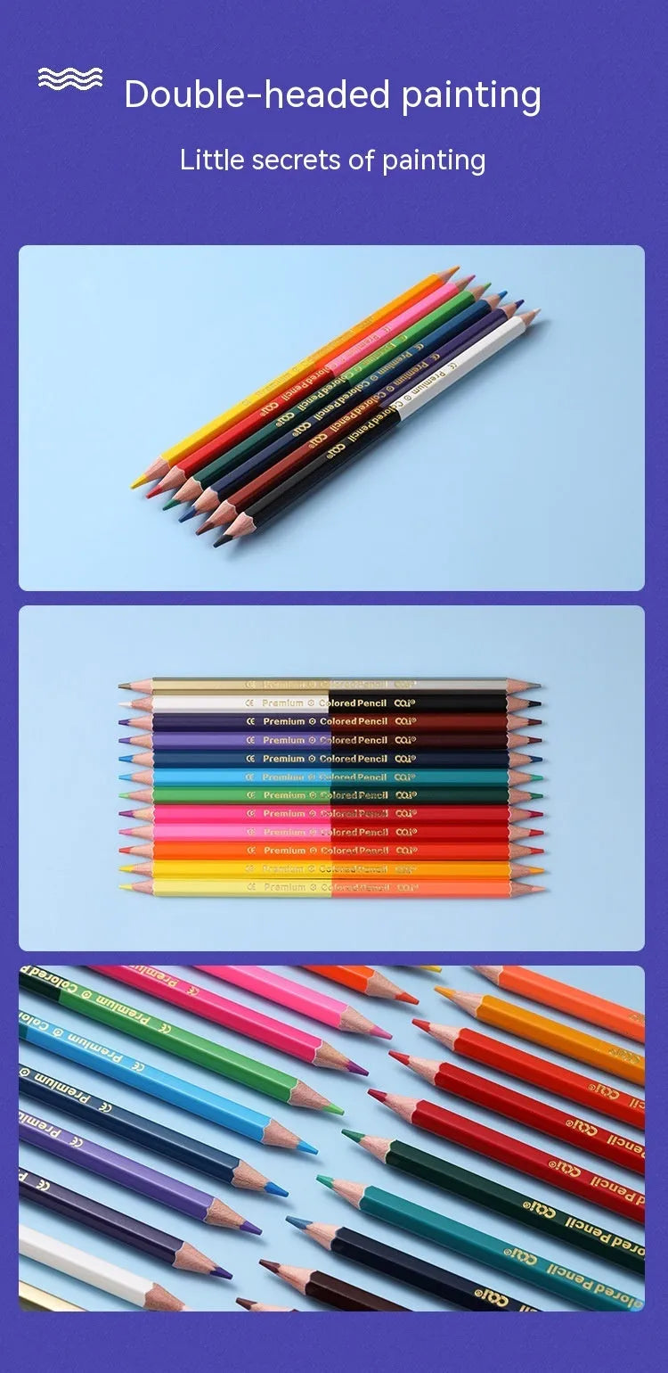 Wooden double-head colour pencil set for drawing, showing 12-piece and 6-piece configuration options.