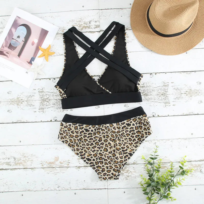 Leopard print women's bikini with cross banded V-neck top and briefs.