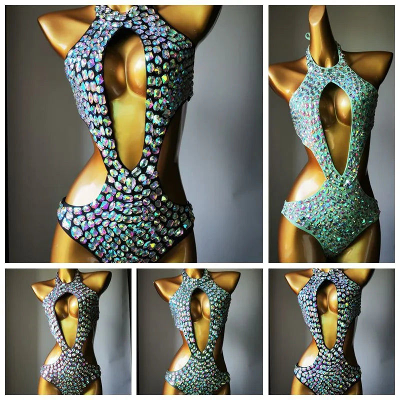 One-piece mesh diamond swimsuit in black, light green, army green, or brown with polyester lining