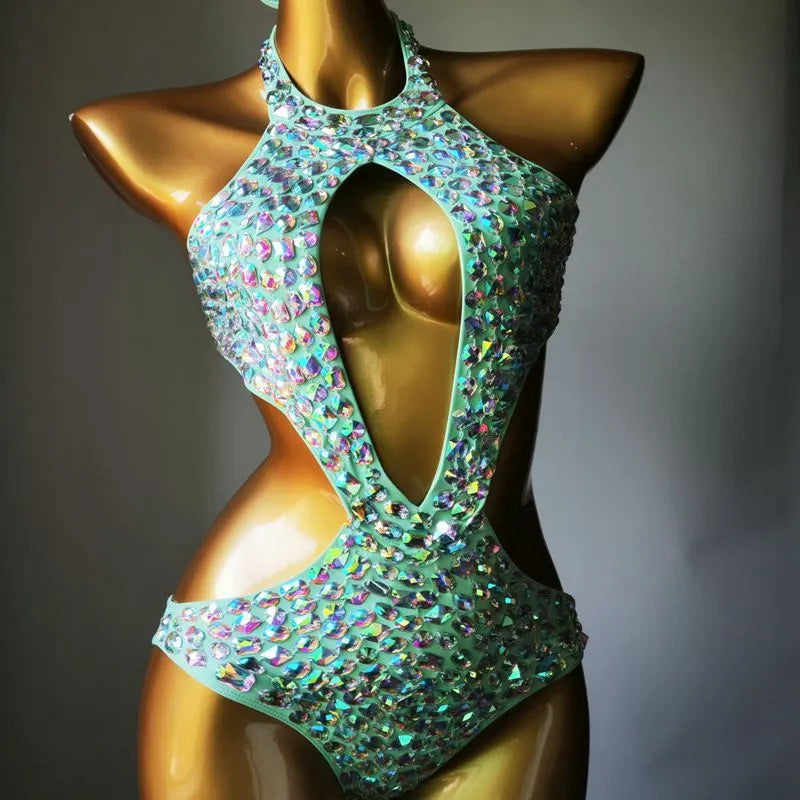 One-piece mesh diamond swimsuit in black, light green, army green, or brown with polyester lining