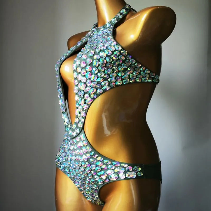 One-piece mesh diamond swimsuit in black, light green, army green, or brown with polyester lining