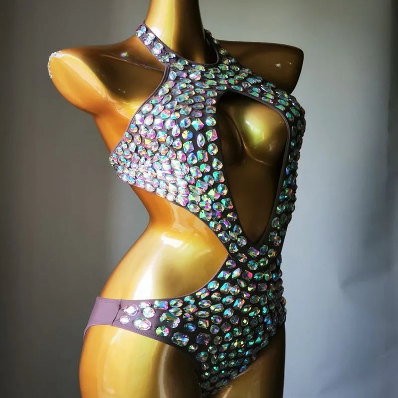 One-piece mesh diamond swimsuit in black, light green, army green, or brown with polyester lining