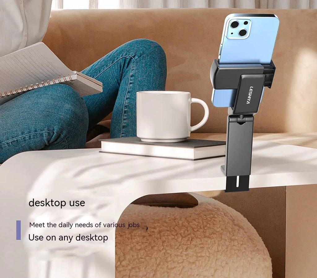 Foldable rotating phone holder in black showing multiple positioning angles for mobile phones