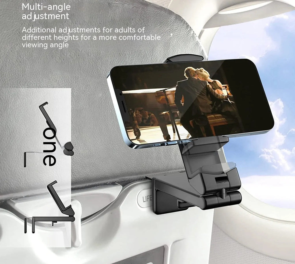 Foldable rotating phone holder in black showing multiple positioning angles for mobile phones