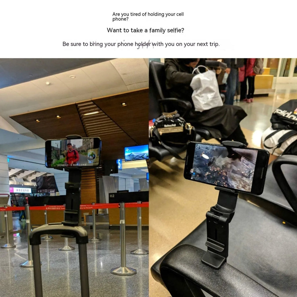 Foldable rotating phone holder in black showing multiple positioning angles for mobile phones