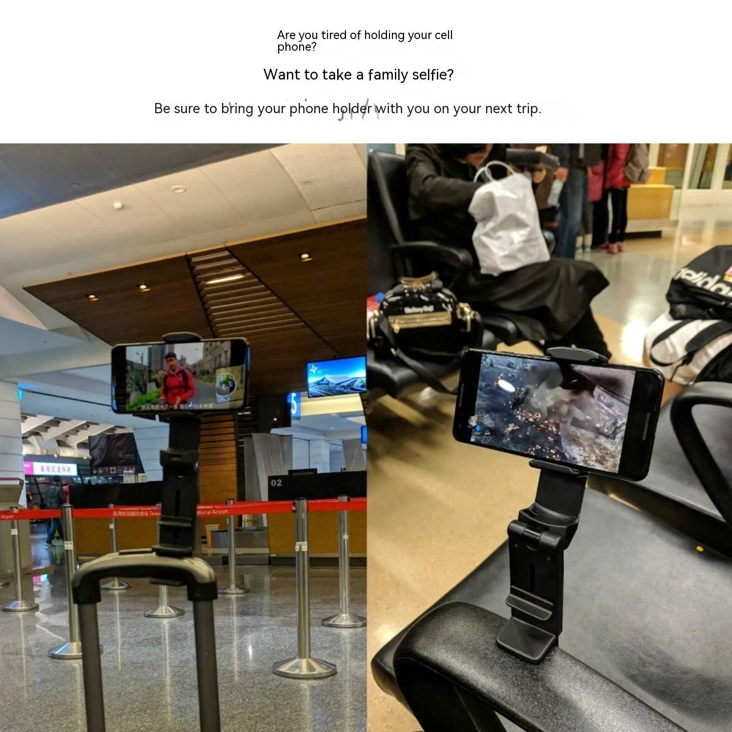 Foldable rotating phone holder in black showing multiple positioning angles for mobile phones