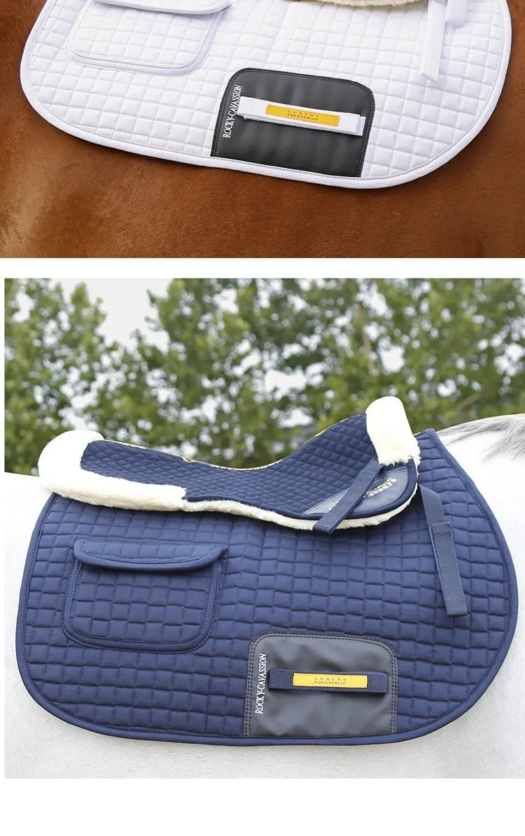 Wool riding saddle pad for shock absorption and waist protection during equestrian and cycling activities