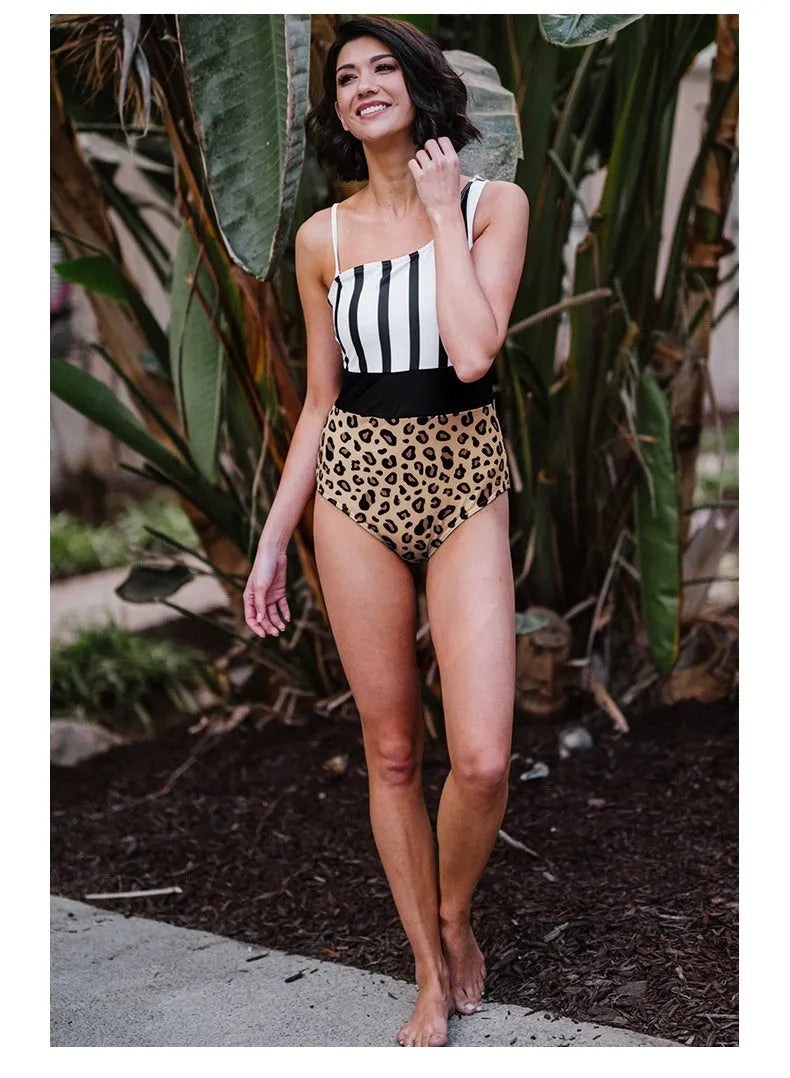 Women's leopard print one-piece swimsuit with asymmetric collar and high waist triangle design