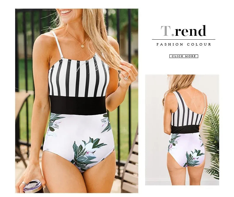 Women's leopard print one-piece swimsuit with asymmetric collar and high waist triangle design