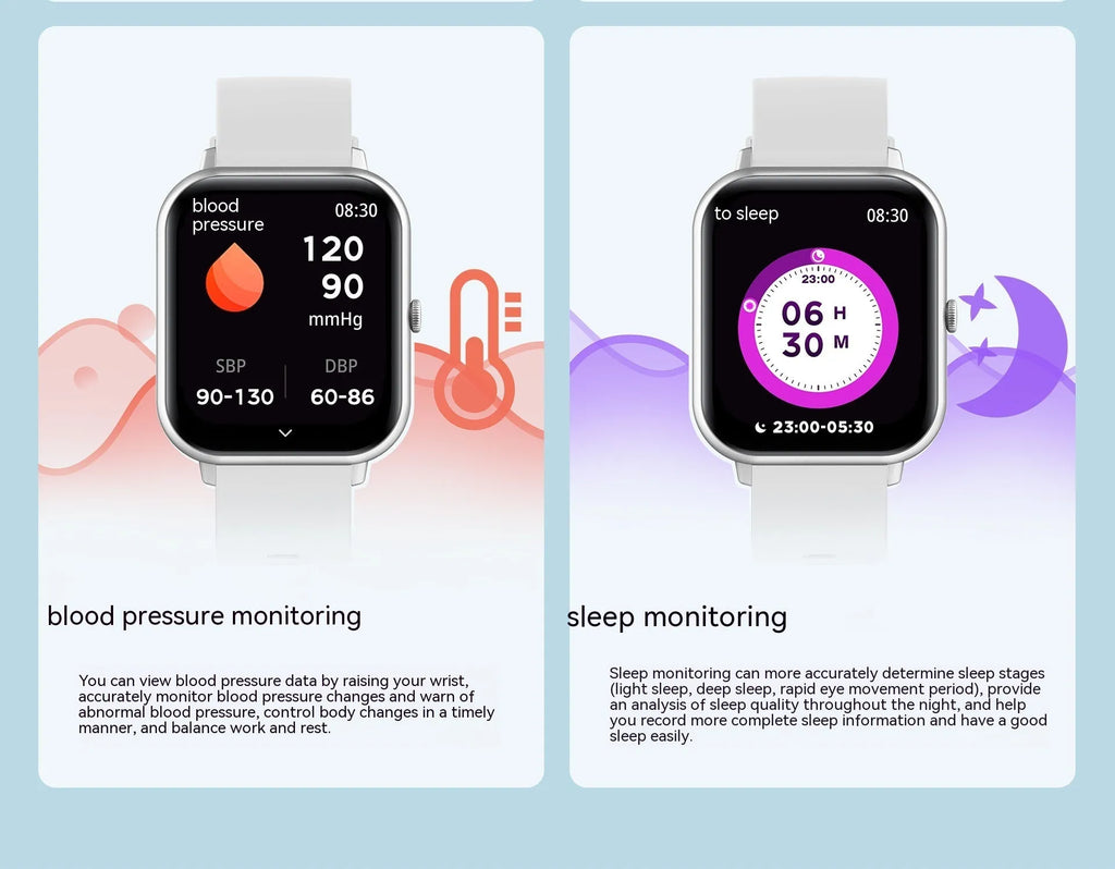 Bluetooth smart watch showing heart rate monitoring on TFT screen with metal case and wrist strap