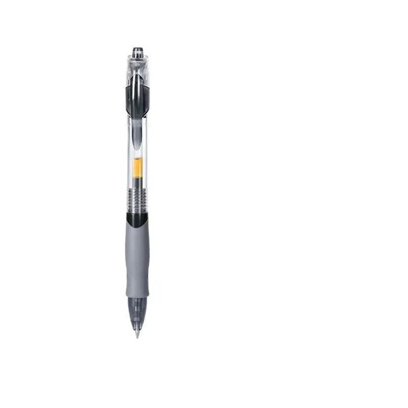 A plastic gel pen with a 0.5mm tip shown in black, blue, and red colour options.