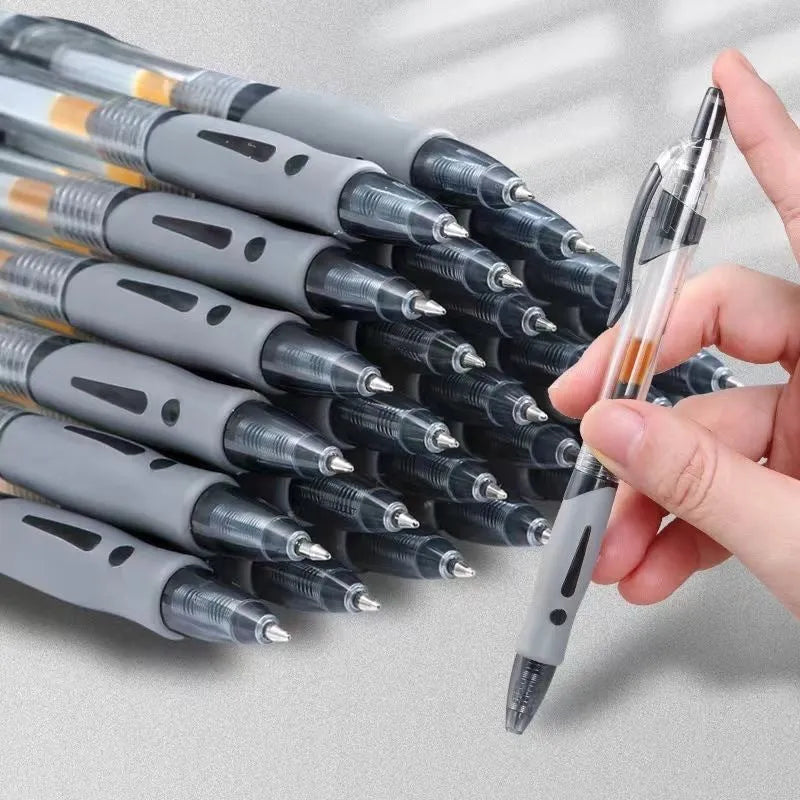 A plastic gel pen with a 0.5mm tip shown in black, blue, and red colour options.