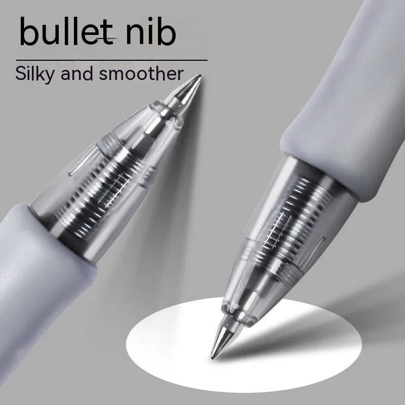 A plastic gel pen with a 0.5mm tip shown in black, blue, and red colour options.