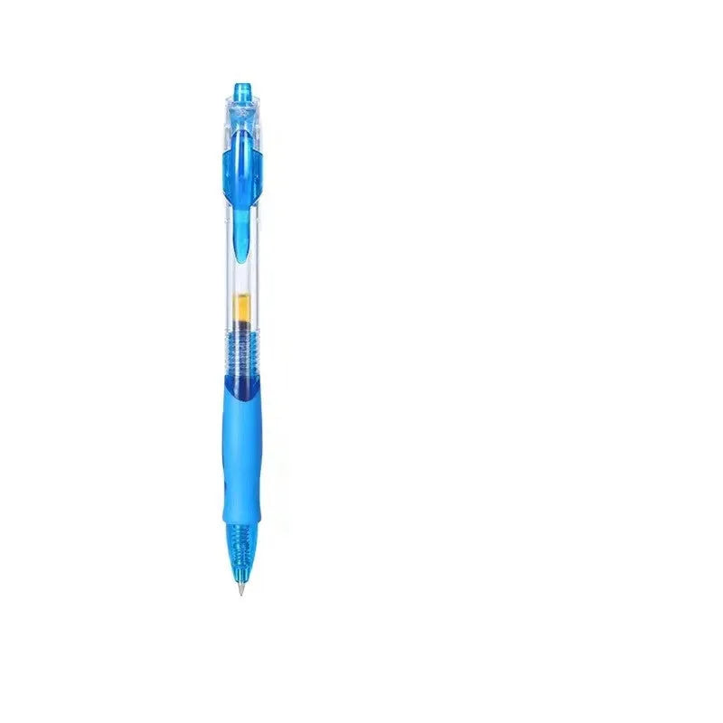 A plastic gel pen with a 0.5mm tip shown in black, blue, and red colour options.