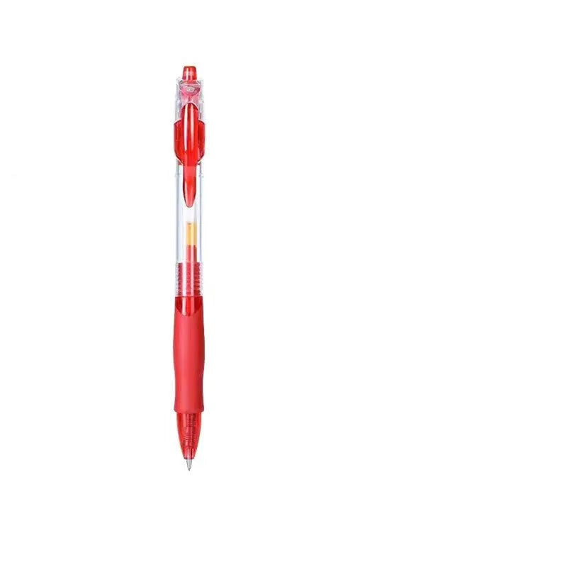 A plastic gel pen with a 0.5mm tip shown in black, blue, and red colour options.