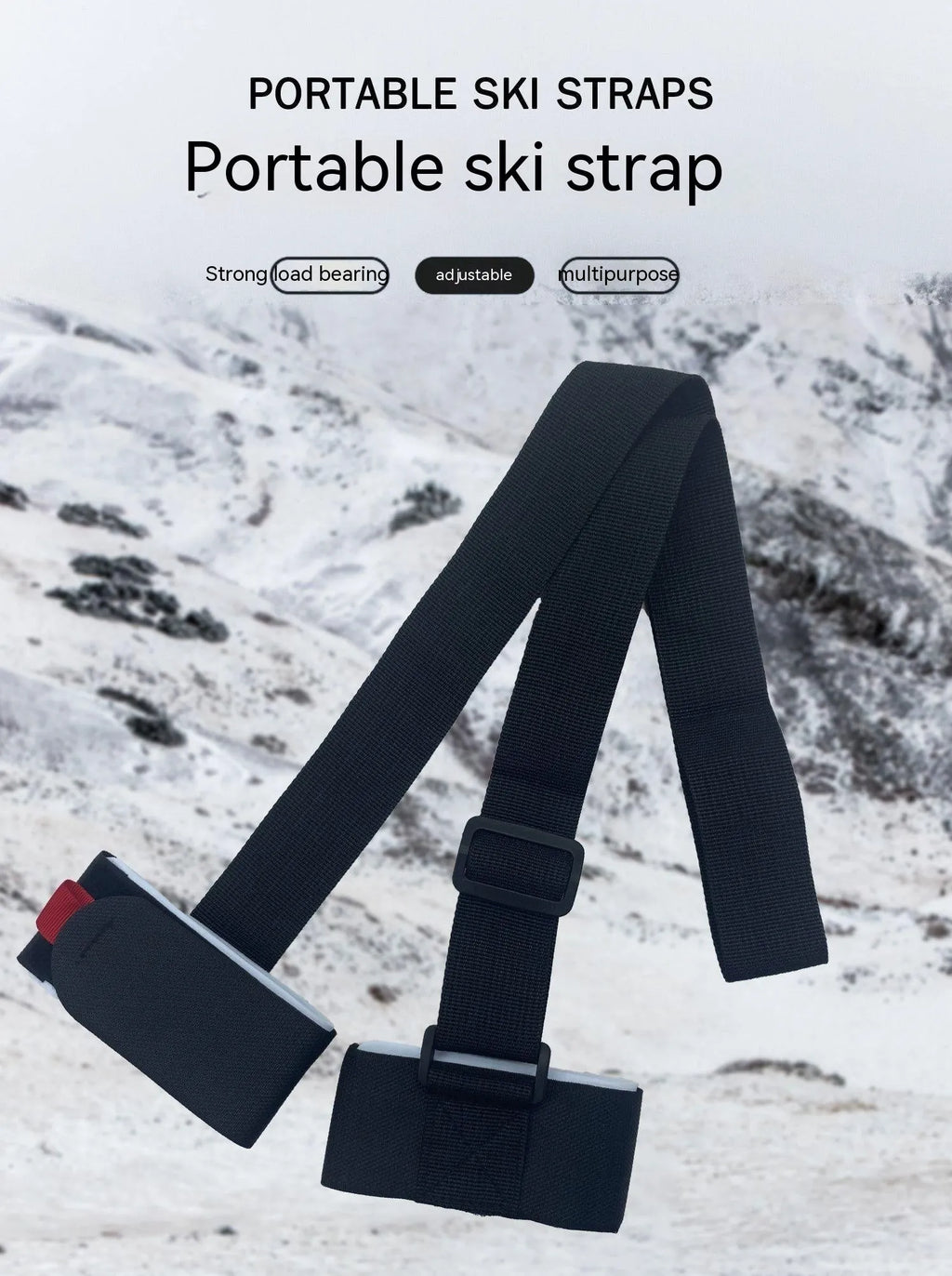 Portable adjustable ski bandage strap in black showing hook and loop fastening system for equipment transport