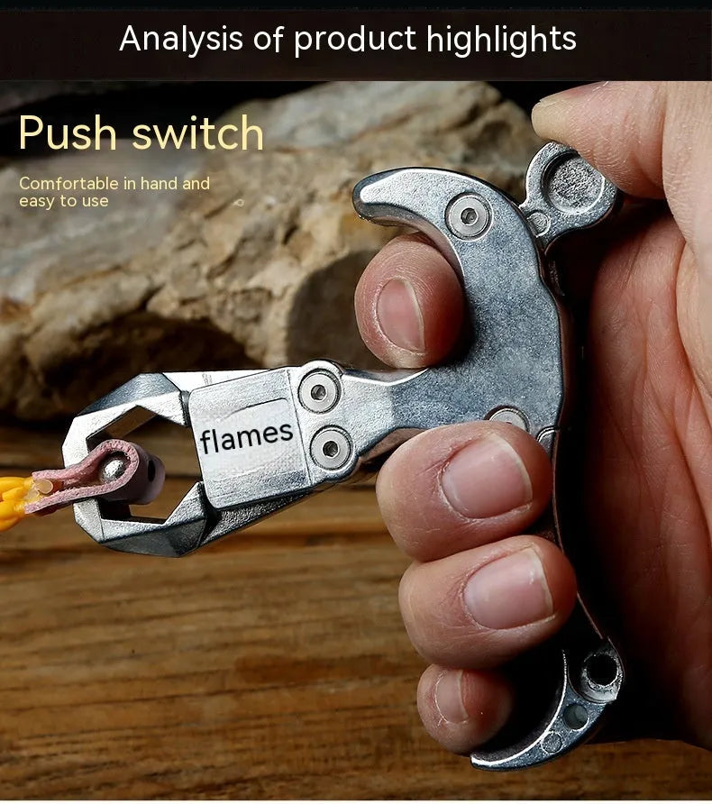 Zinc alloy hand-held flame dispenser tool with two-axis harpoon clip release mechanism
