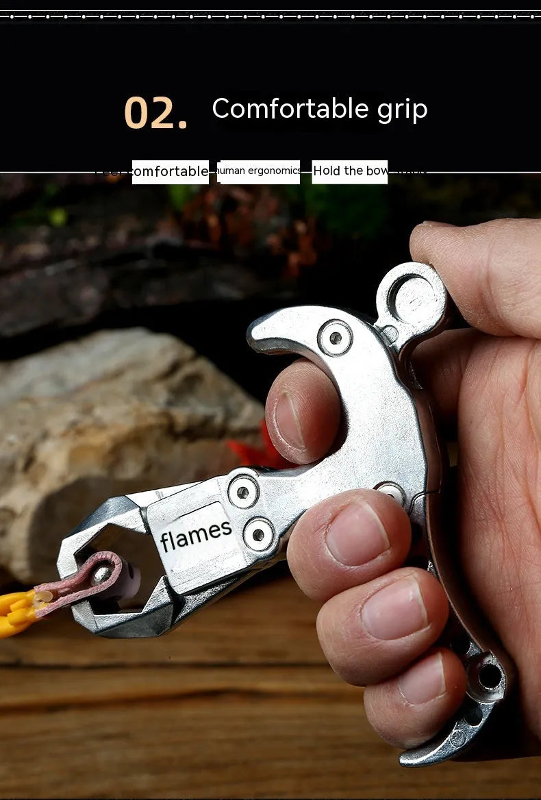 Zinc alloy hand-held flame dispenser tool with two-axis harpoon clip release mechanism