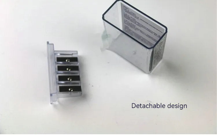 Geometric-shaped plastic pencil sharpener with four sharpening holes and a screwdriver
