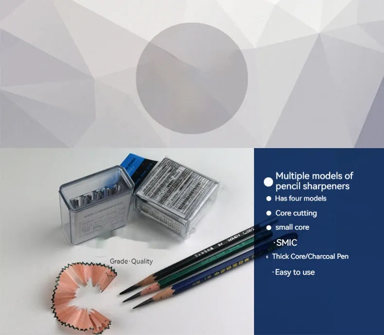 Geometric-shaped plastic pencil sharpener with four sharpening holes and a screwdriver