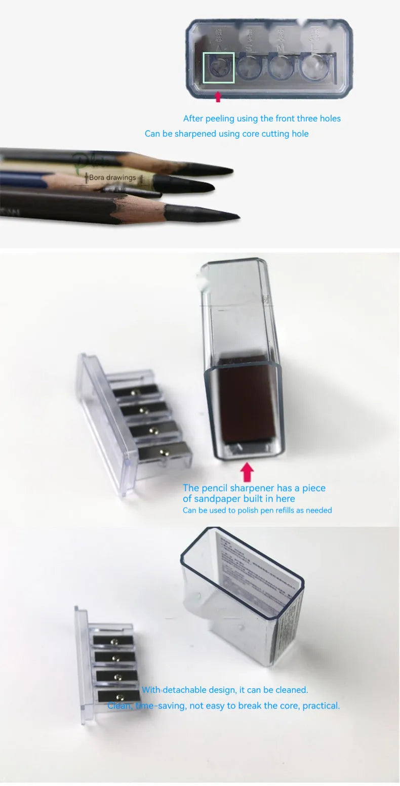 Geometric-shaped plastic pencil sharpener with four sharpening holes and a screwdriver